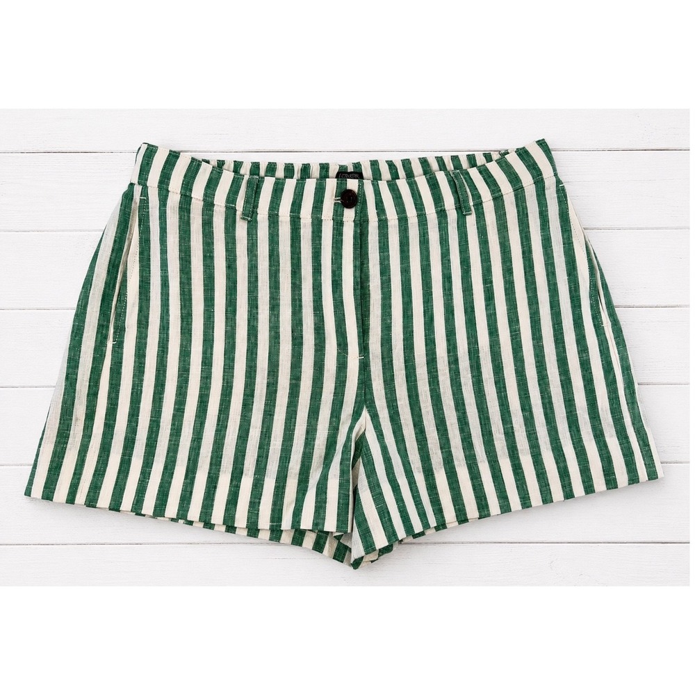 J.Crew Linen Shorts Green White Vertical Stripe Re-Imagined Summer Beach Large